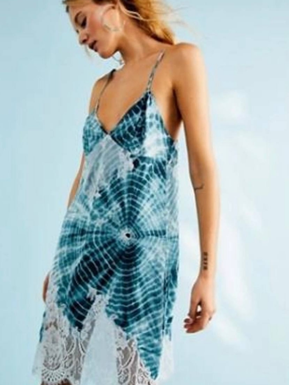 NWT Free People Teal and White Lace-Trim Slip Dress - Picture 5 of 5